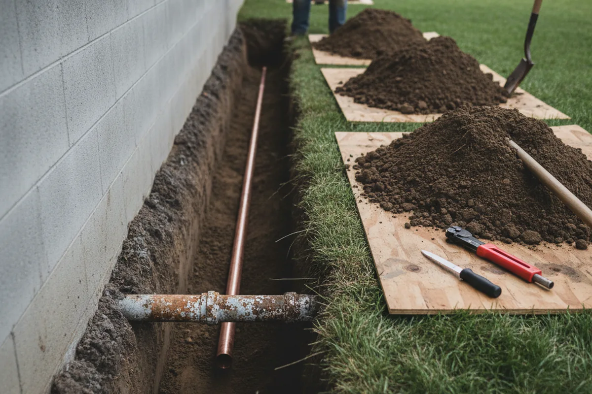 Excavated water line trench during Water Heater Repair in Eatonville